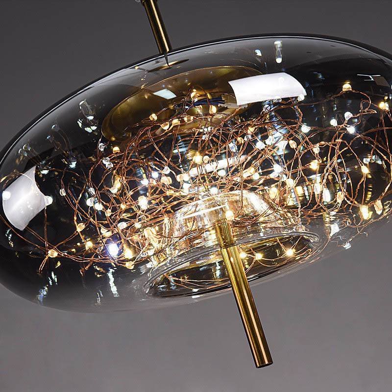 Suspension design verre et LED dorée moderne