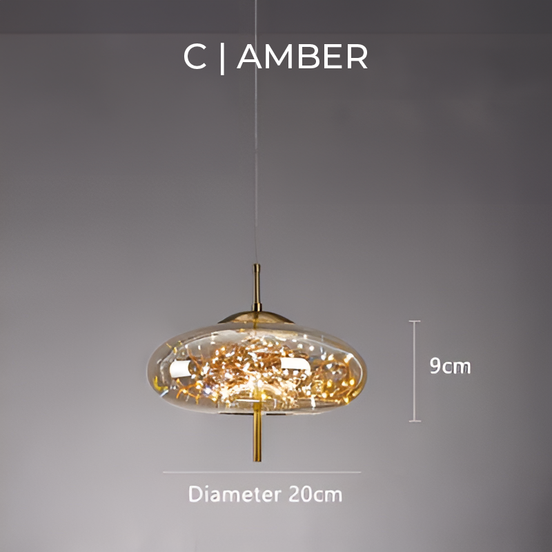 Suspension design moderne verre fumé et LED dorées