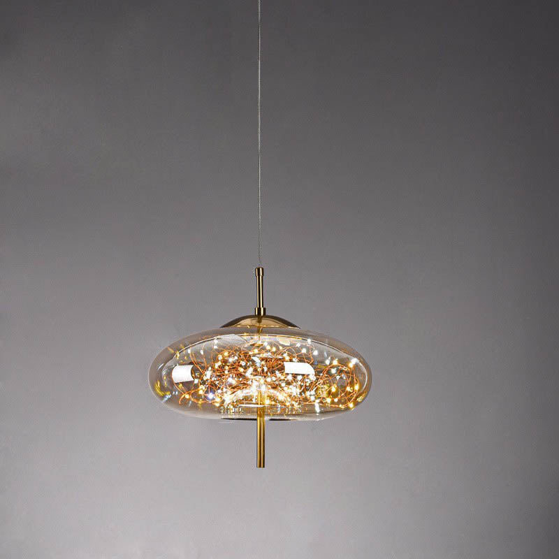 Suspension design verre et LED dorée moderne