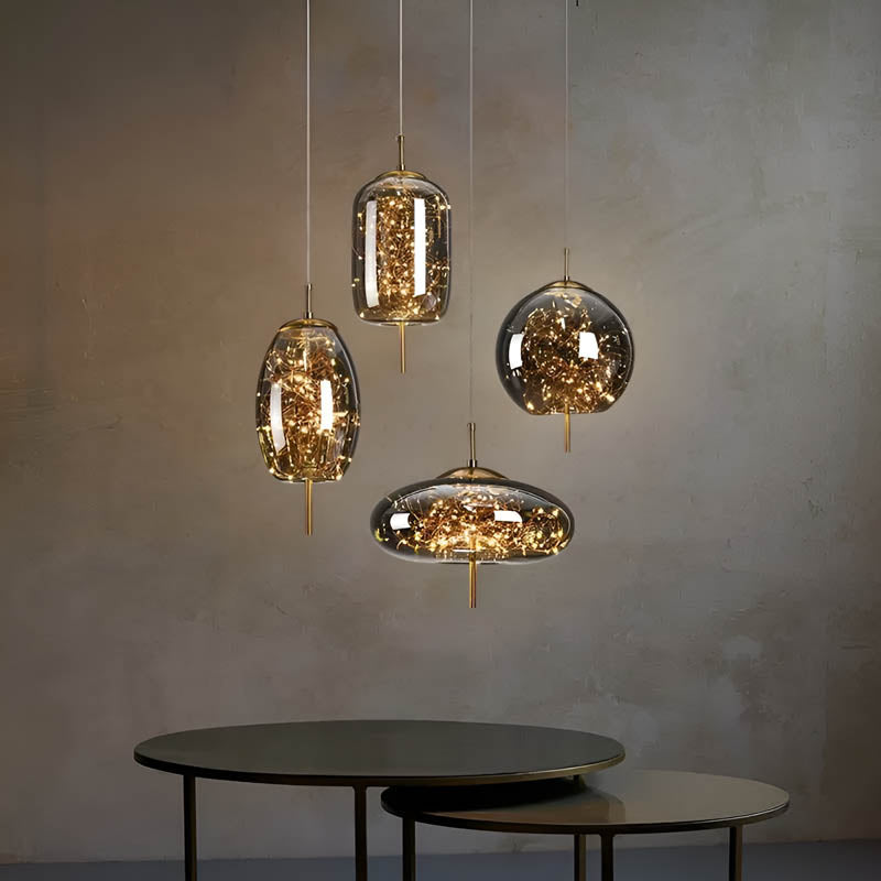 Suspension design moderne verre fumé et LED dorées