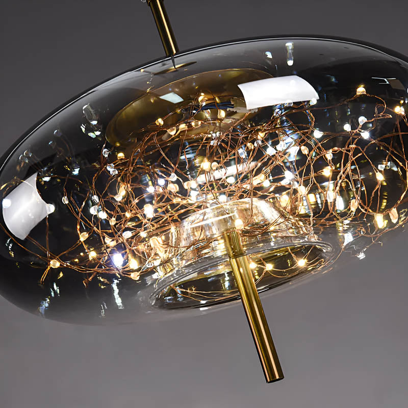 Suspension design moderne verre fumé et LED dorées