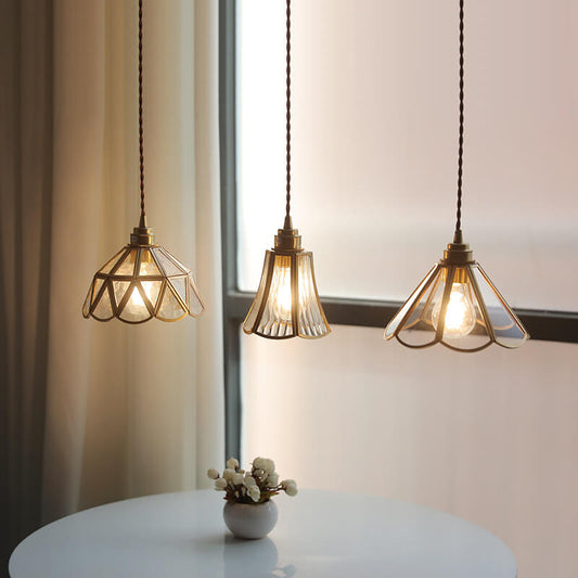 Suspension vintage géométrique en verre et cuivre