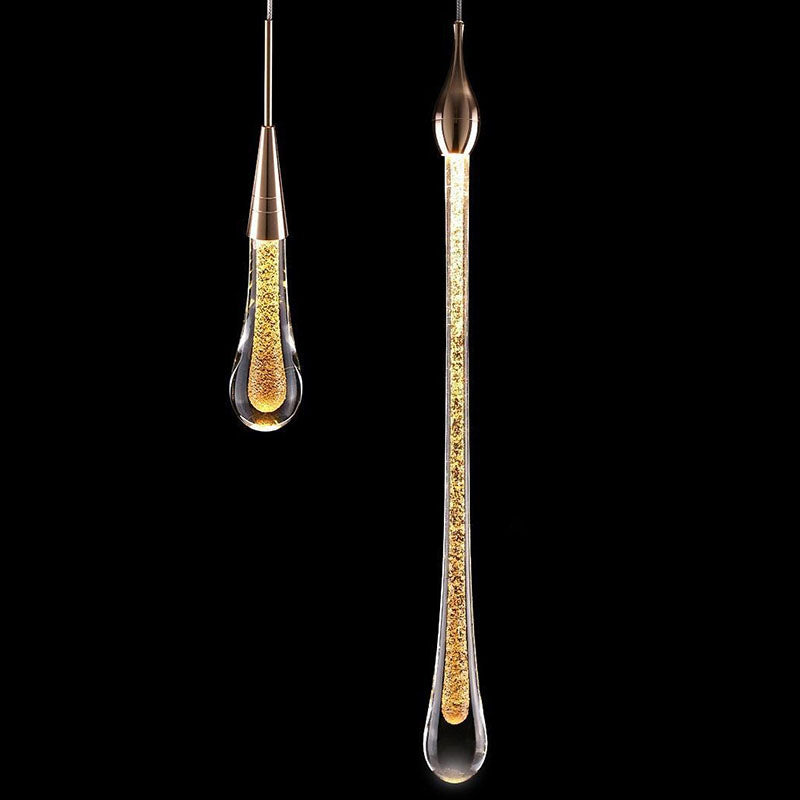 Suspension LED design goutte d'eau dorée en verre