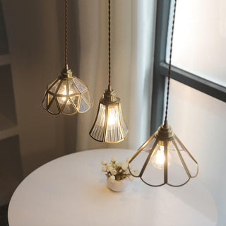 Suspension vintage géométrique en verre et cuivre