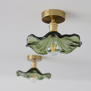 Plafonnier vintage verre vert forme hibiscus dorée
