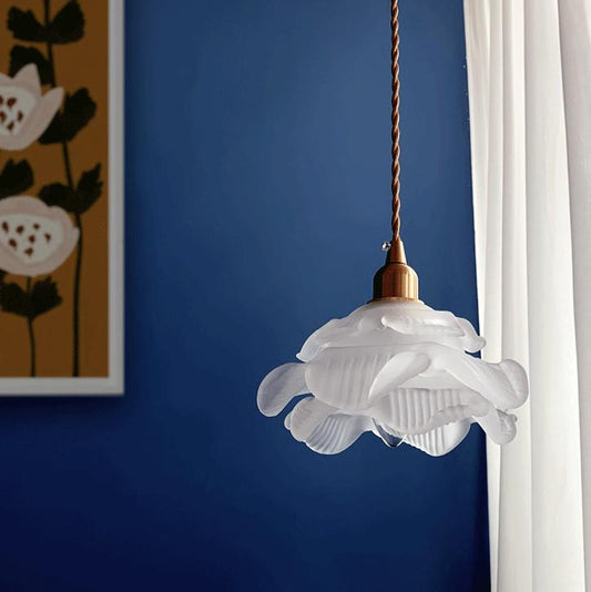 Suspension vintage verre pétales blanc cuivre doré