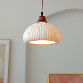 Suspension japonaise vintage en céramique plissée et bois