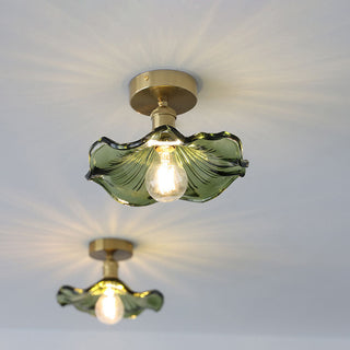 Plafonnier vintage verre vert forme hibiscus dorée