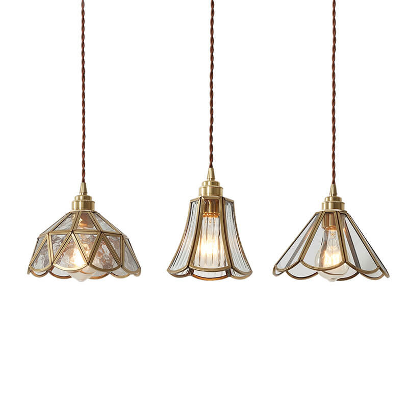 Suspension vintage géométrique en verre et cuivre