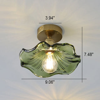 Plafonnier vintage verre vert forme hibiscus dorée