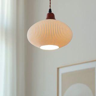 Suspension japonaise vintage en céramique plissée et bois