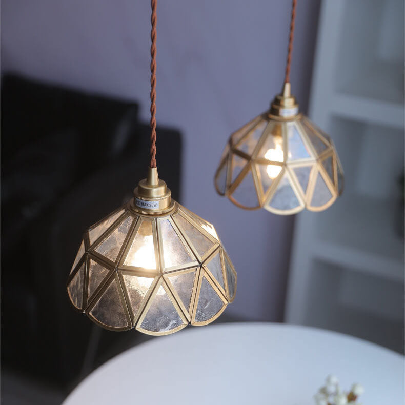 Suspension vintage géométrique en verre et cuivre