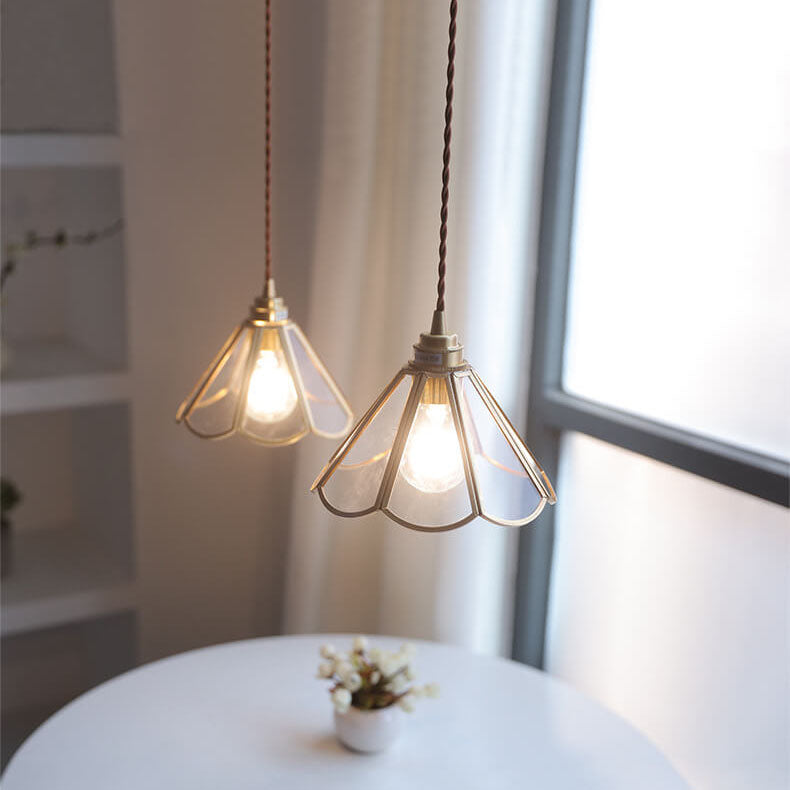 Suspension vintage géométrique en verre et cuivre
