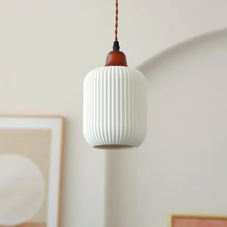 Suspension japonaise vintage en céramique plissée et bois
