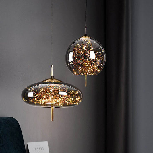 Suspension design verre et LED dorée moderne