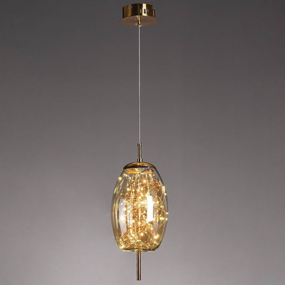 Suspension design verre et LED dorée moderne