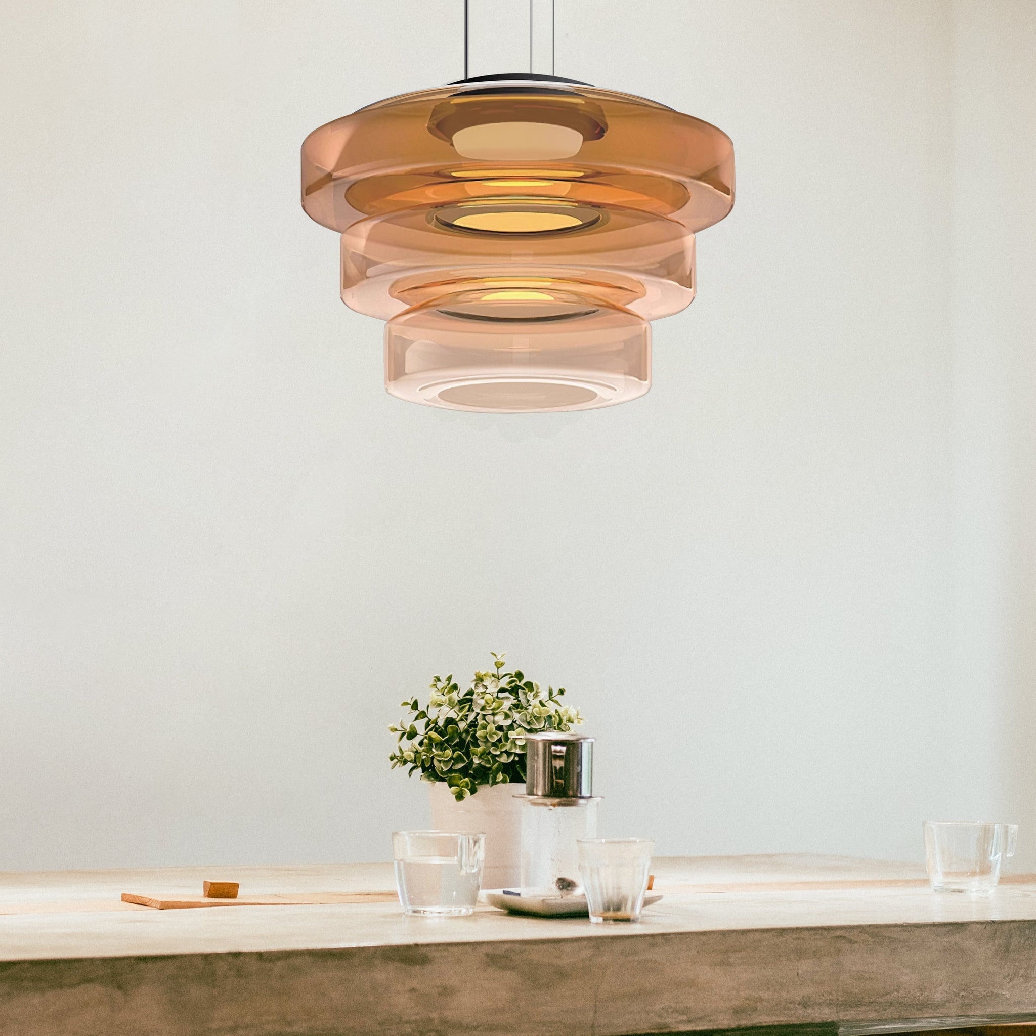 Suspension moderne verre Bauhaus triple niveau ambrée