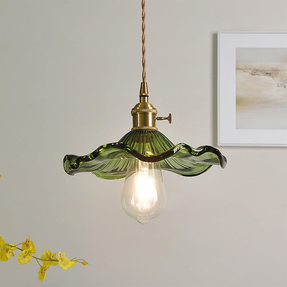 Suspension vintage en verre floral et laiton doré