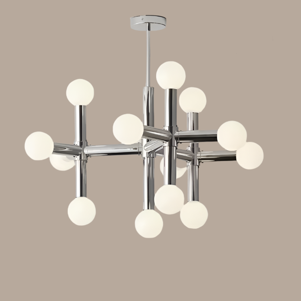 Suspension design métal argenté à globes lumineux