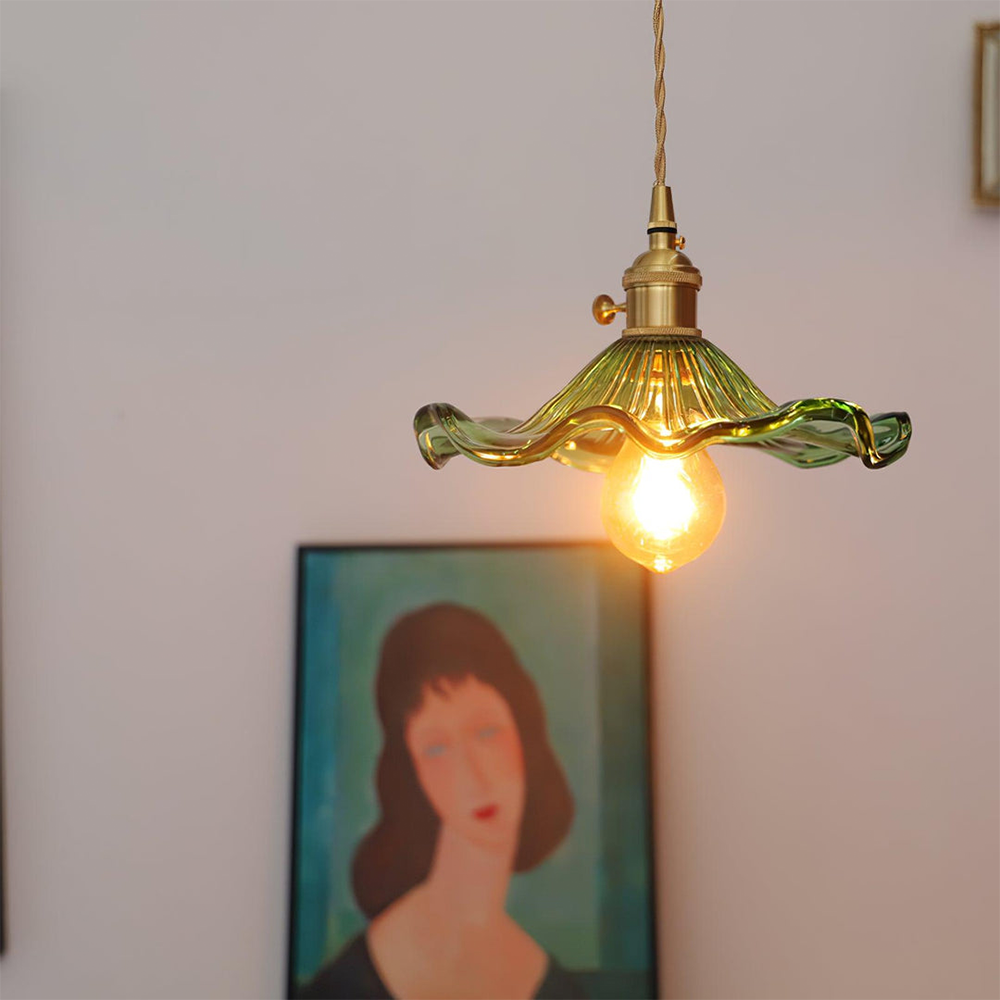 Suspension vintage en verre floral et laiton doré