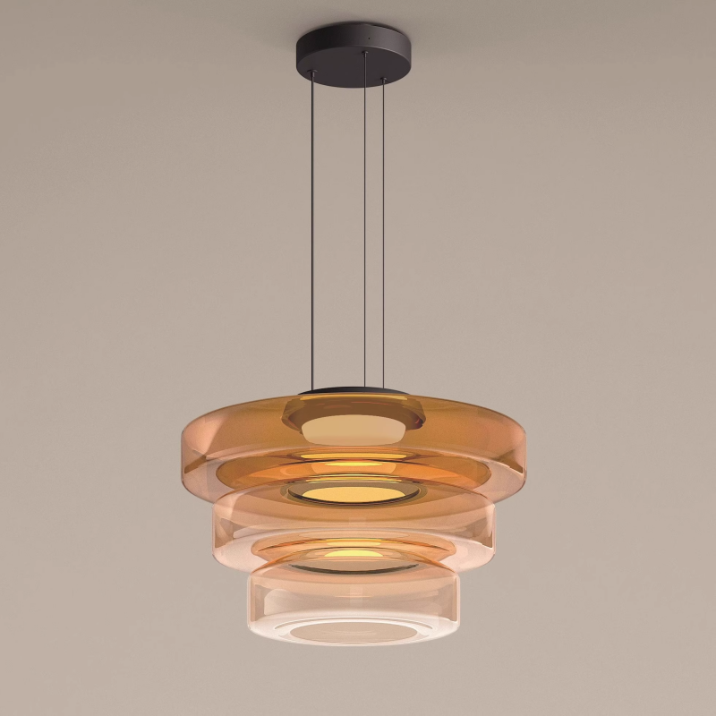 Suspension moderne verre Bauhaus triple niveau ambrée