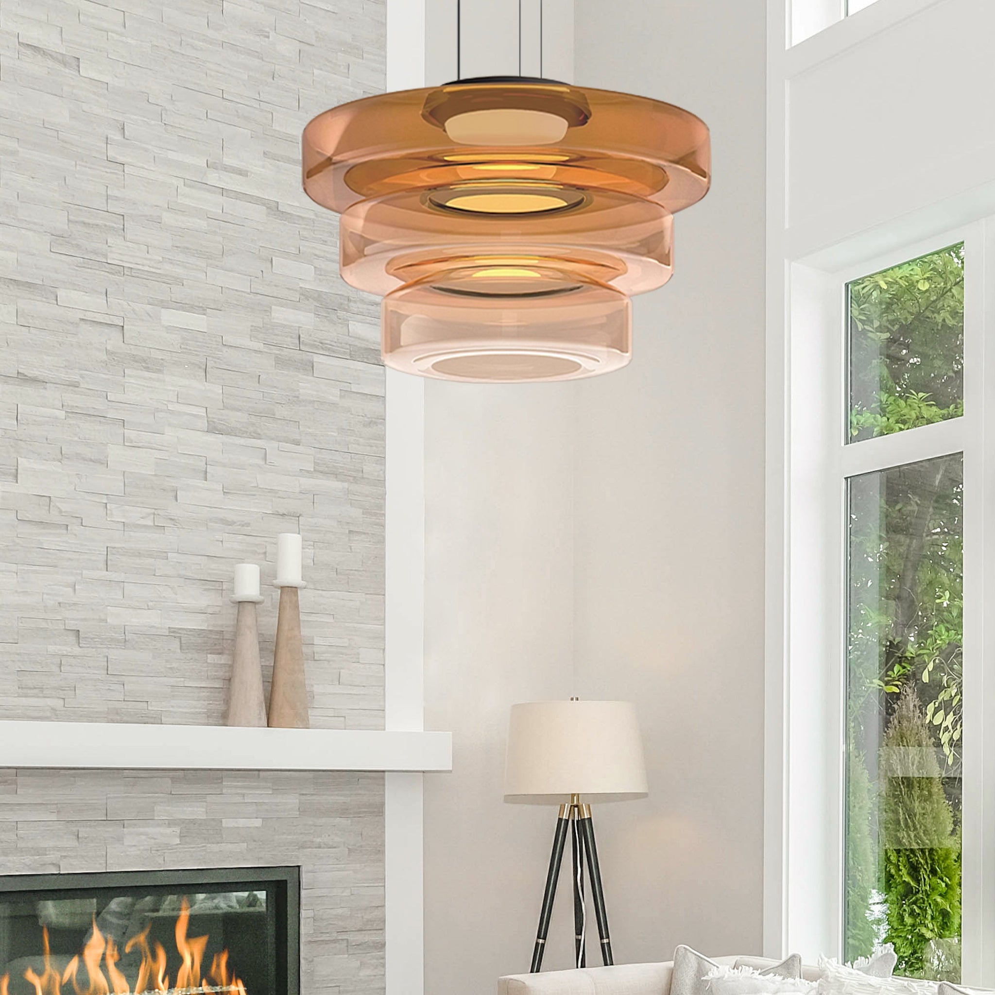 Suspension moderne verre Bauhaus triple niveau ambrée