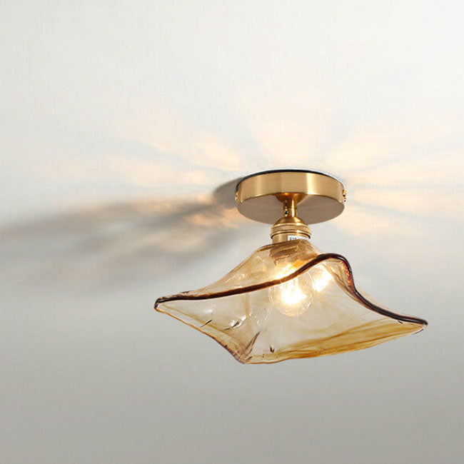 Suspension japonaise verre ambré et métal doré design