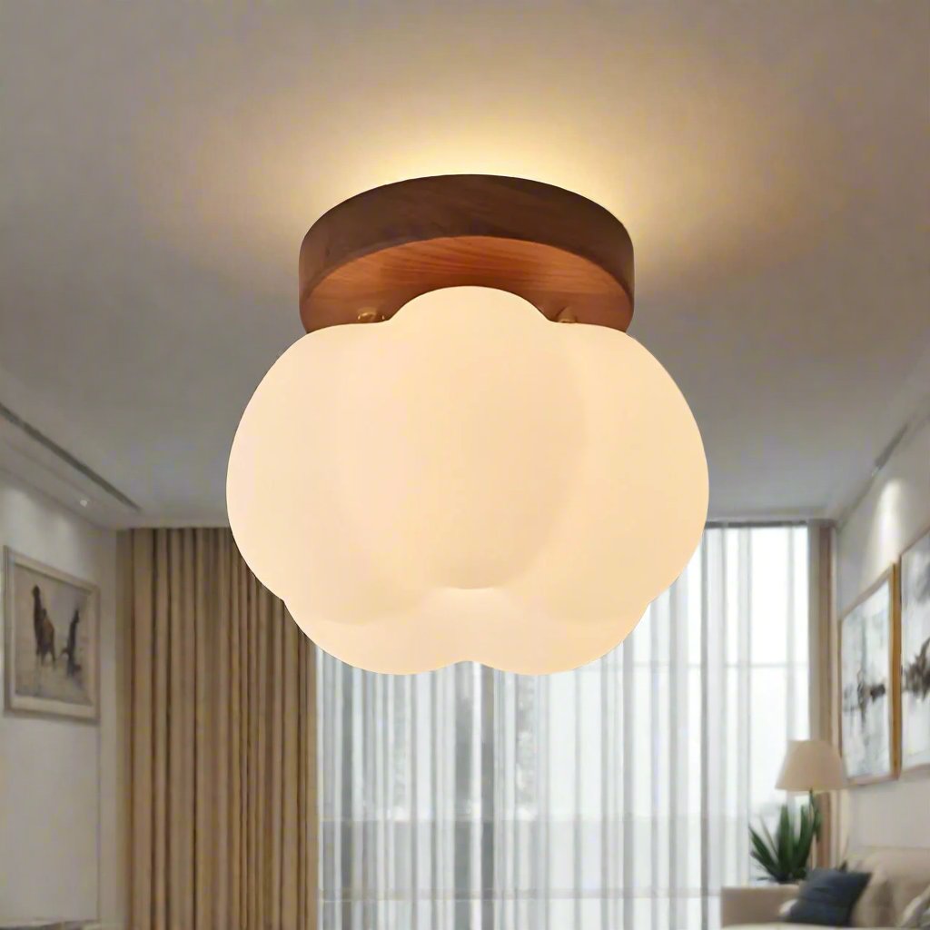 Plafonnier japonais design bois et verre dépoli