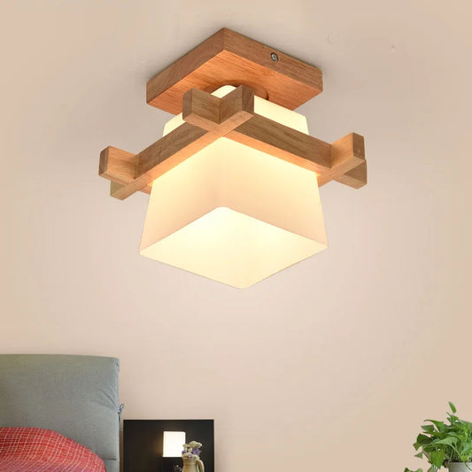 Suspension japonaise design en bois et verre blanc