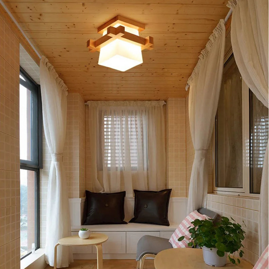 Suspension japonaise design en bois et verre blanc