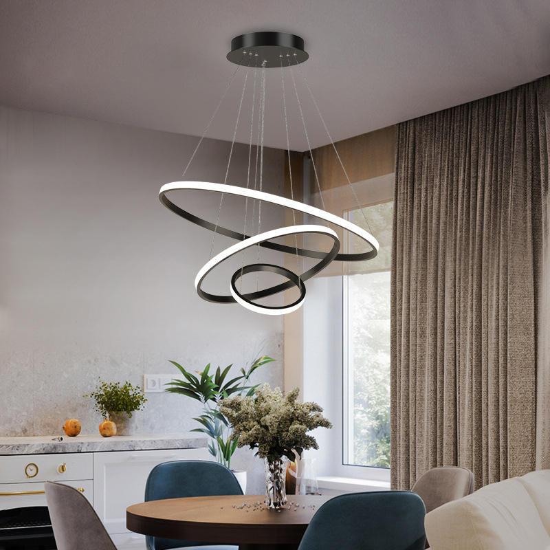 Suspension LED design moderne anneaux en aluminium noir