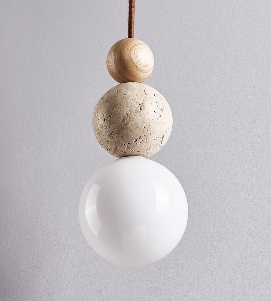 Suspension moderne travertin et bois design naturel