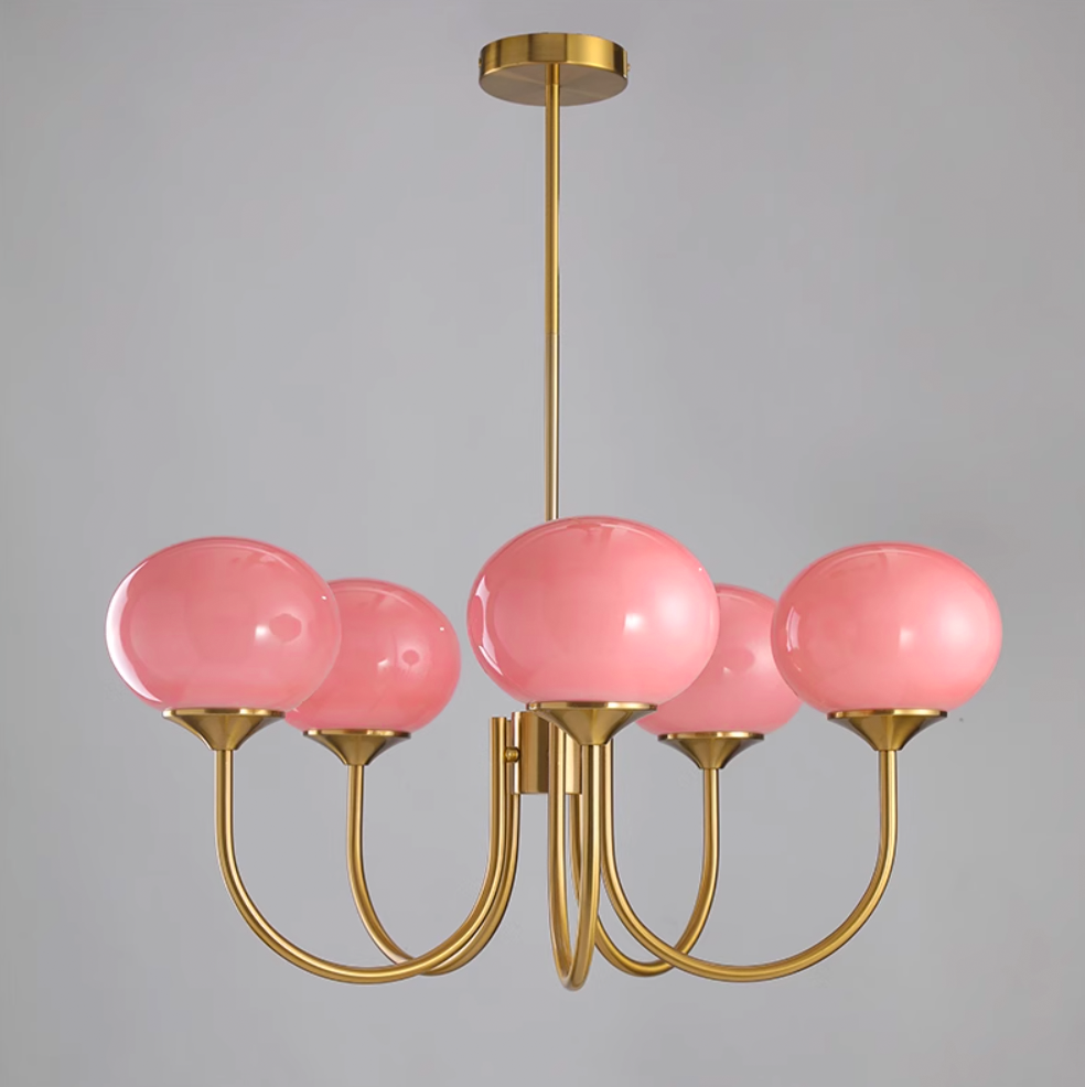 Suspension design dorée globes en verre rose