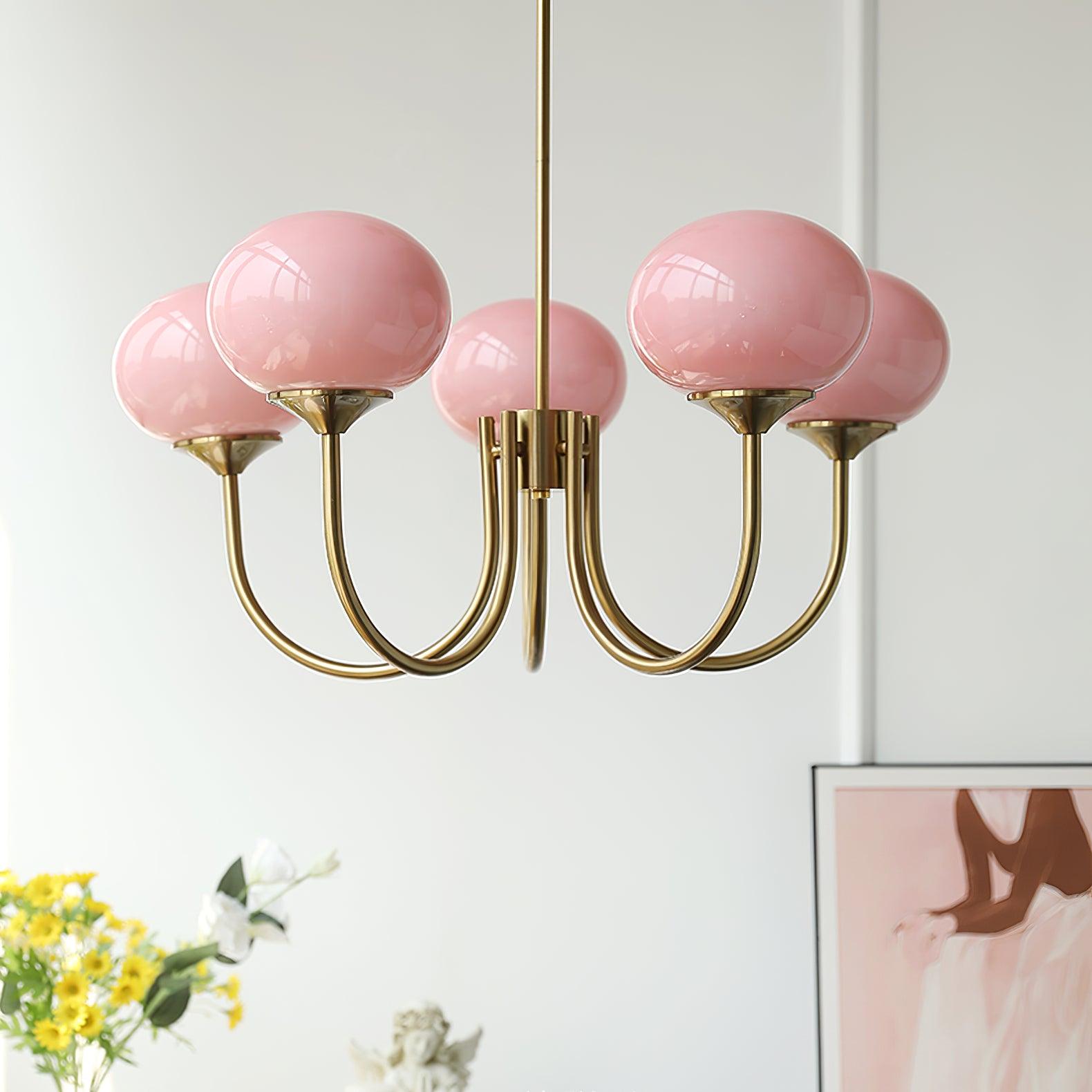 Suspension design dorée globes en verre rose