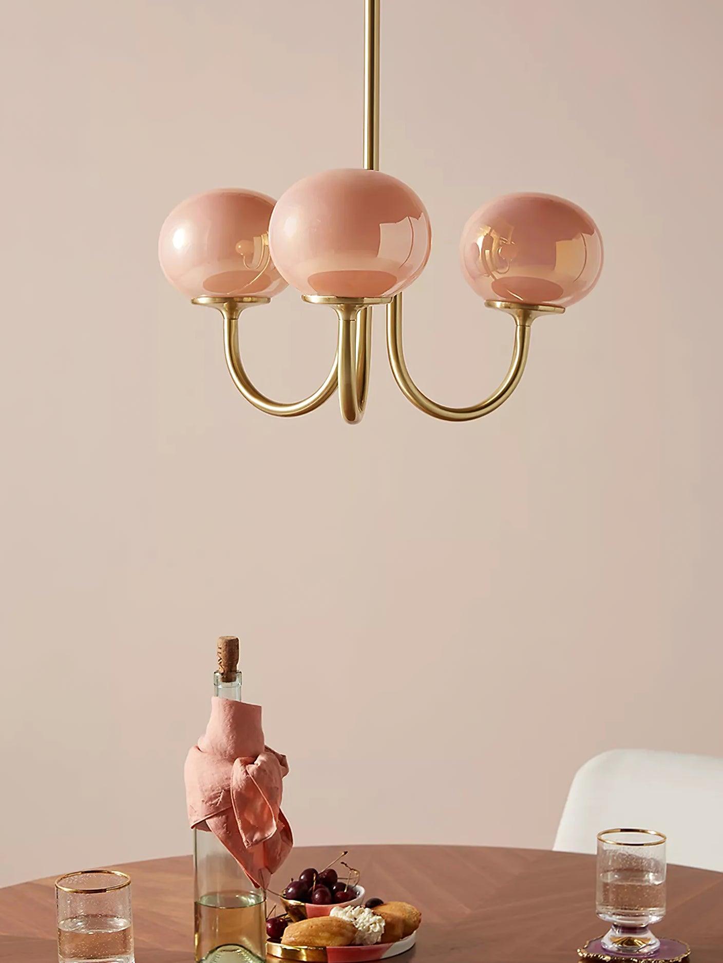 Suspension design dorée globes en verre rose