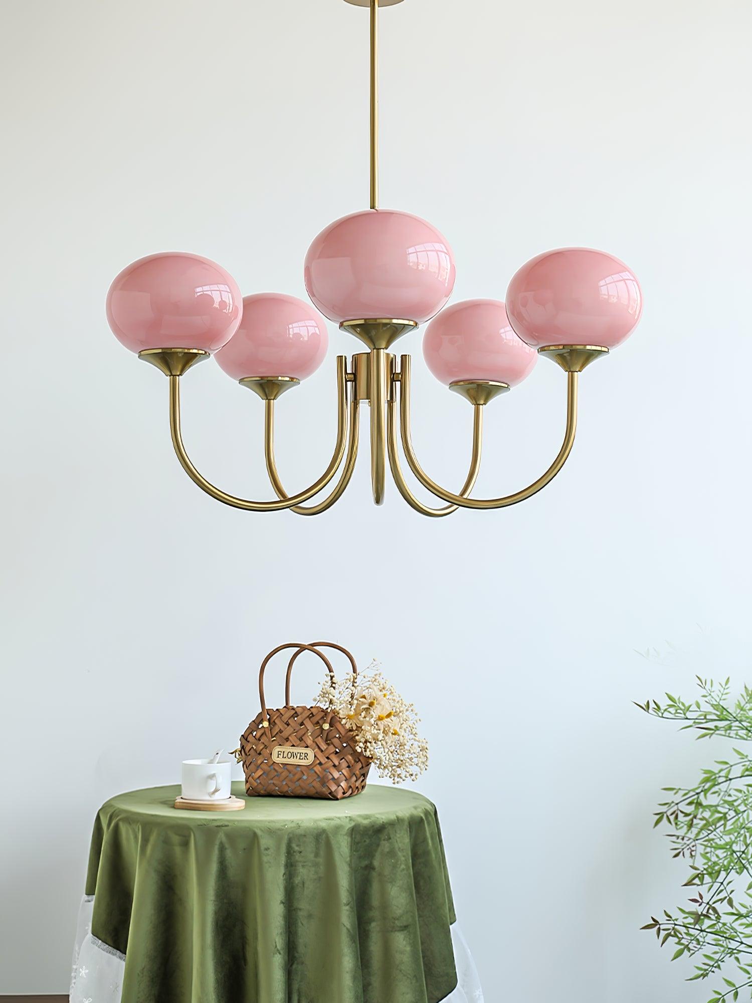 Suspension design dorée globes en verre rose