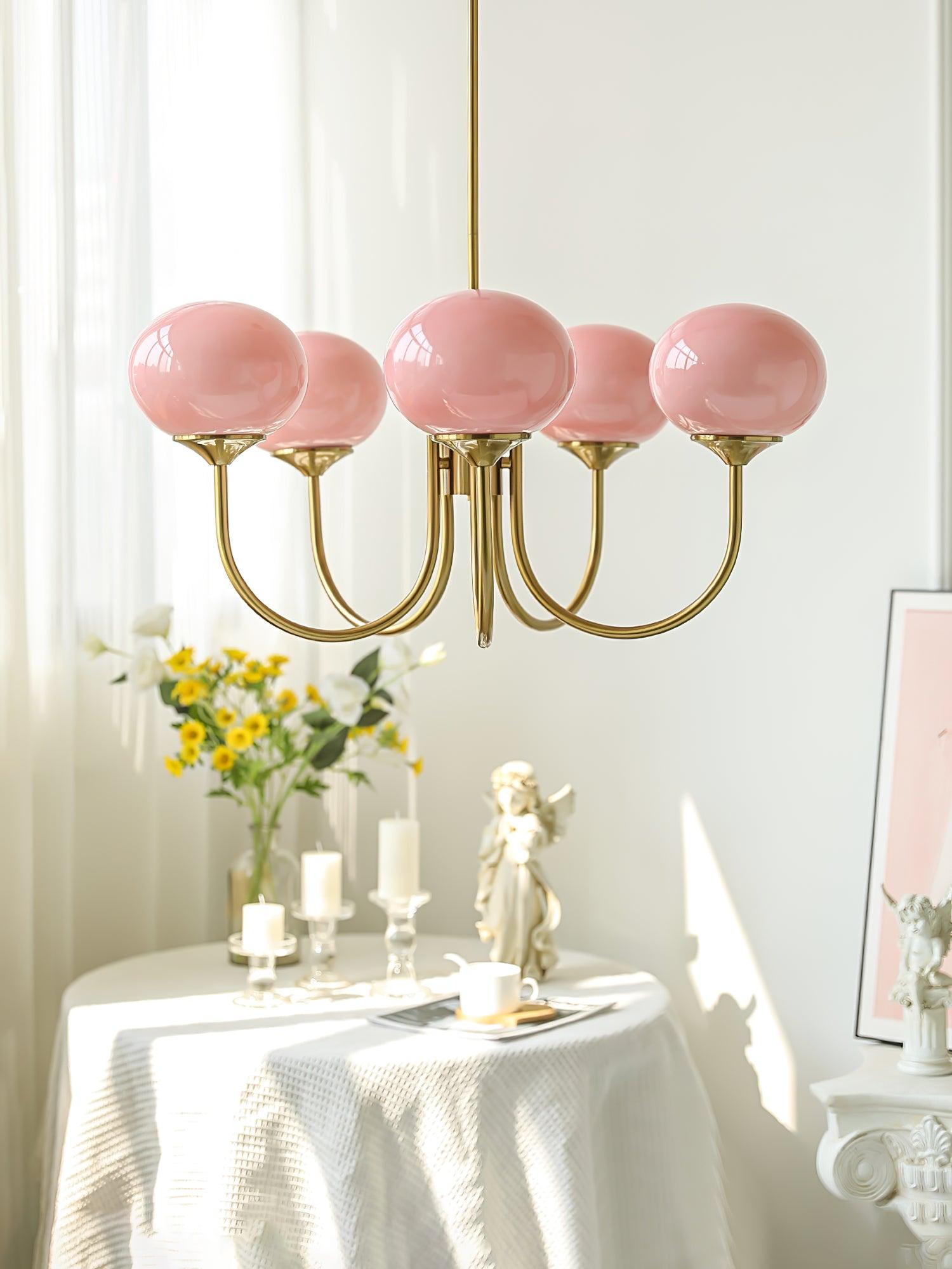 Suspension design dorée globes en verre rose