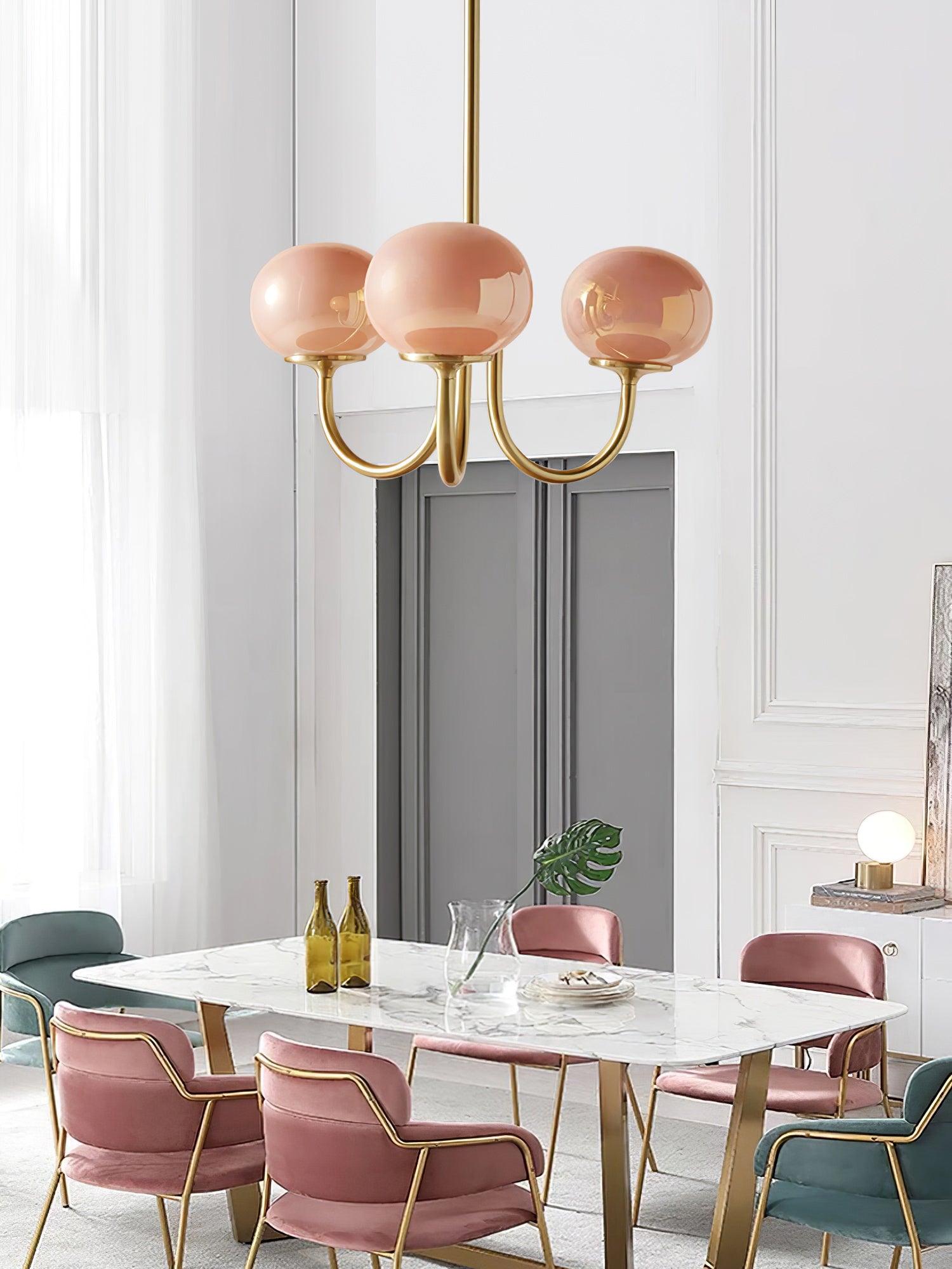 Suspension design dorée globes en verre rose