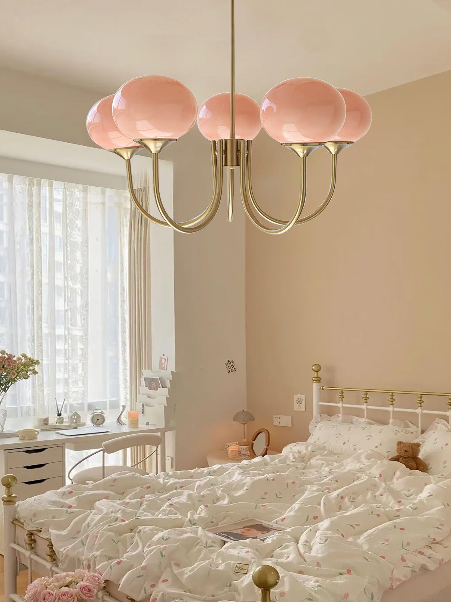 Suspension design dorée globes en verre rose