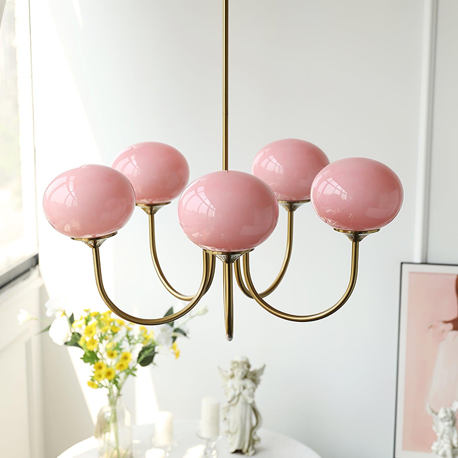 Suspension design dorée globes en verre rose