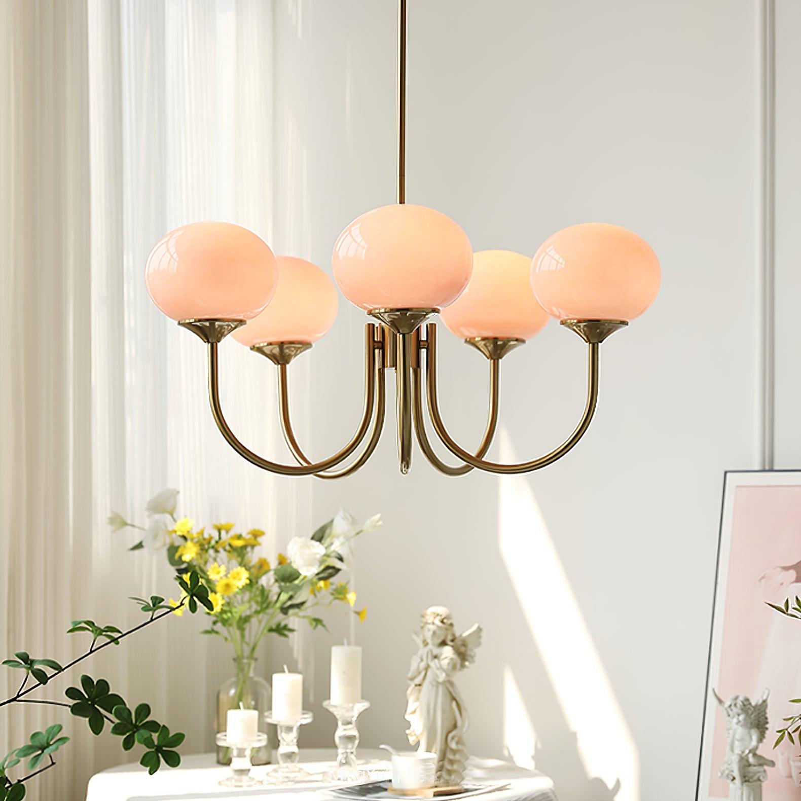 Suspension design dorée globes en verre rose