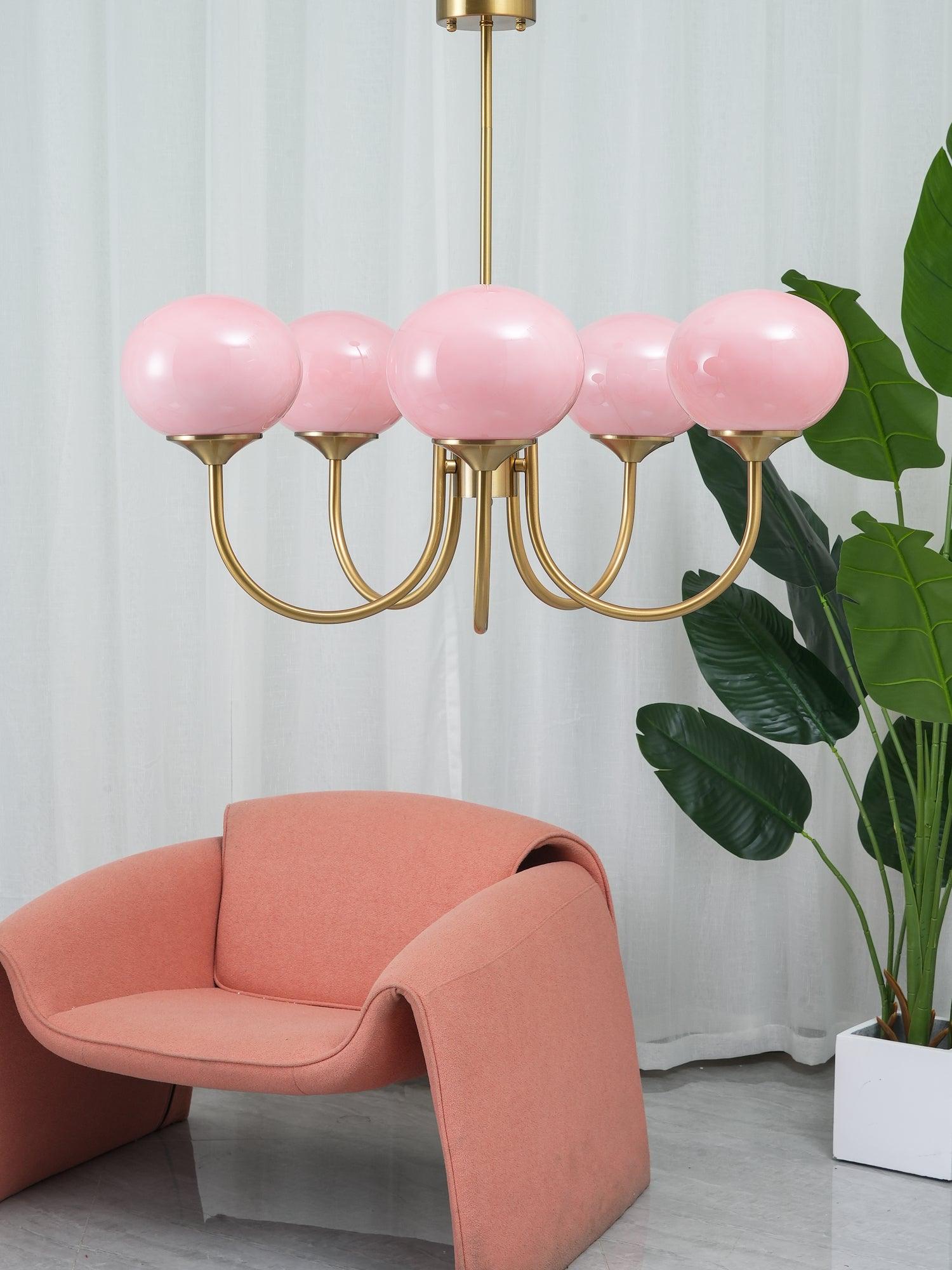 Suspension design dorée globes en verre rose