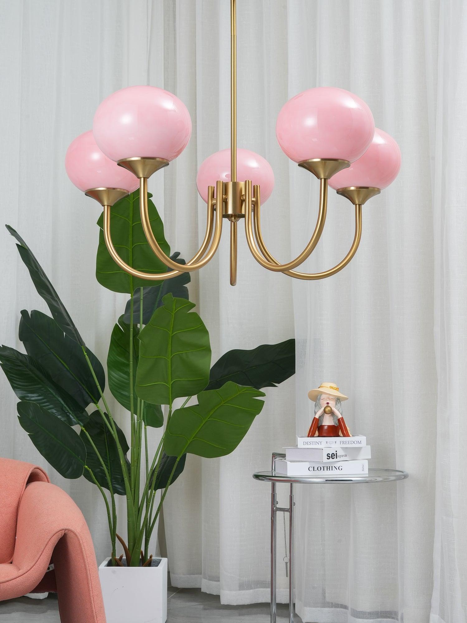 Suspension design dorée globes en verre rose
