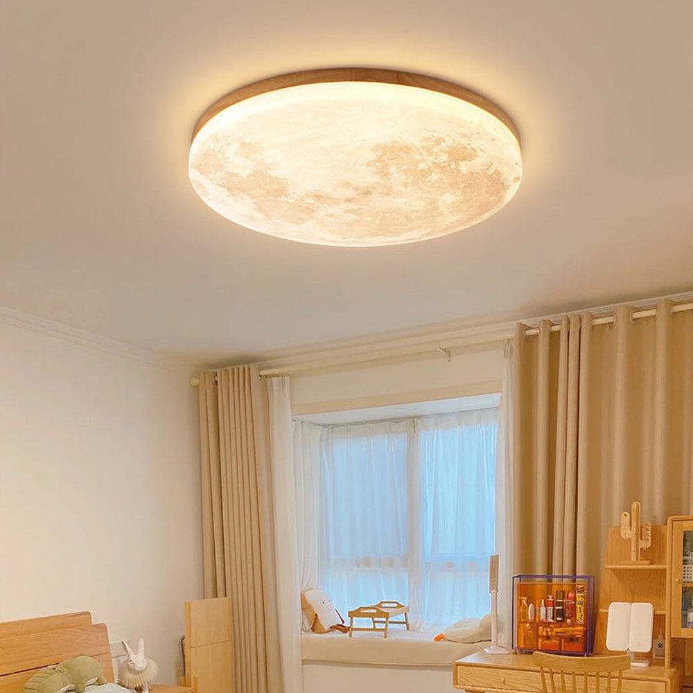 Plafonnier LED design effet lune en bois naturel