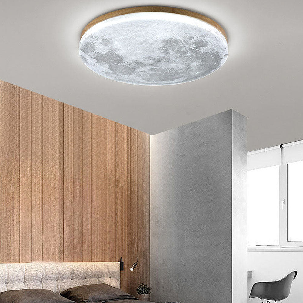 Plafonnier LED design effet lune en bois naturel