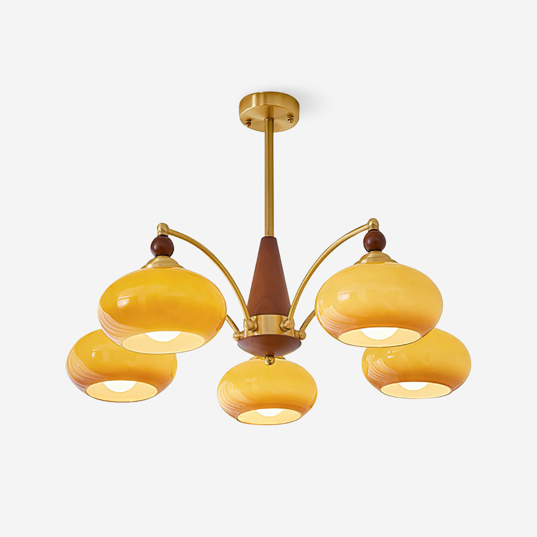 Suspension vintage dorée à globes jaunes multiples