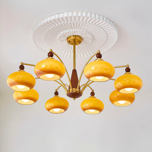 Suspension vintage dorée à globes jaunes multiples
