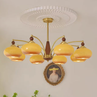 Suspension vintage dorée à globes jaunes multiples