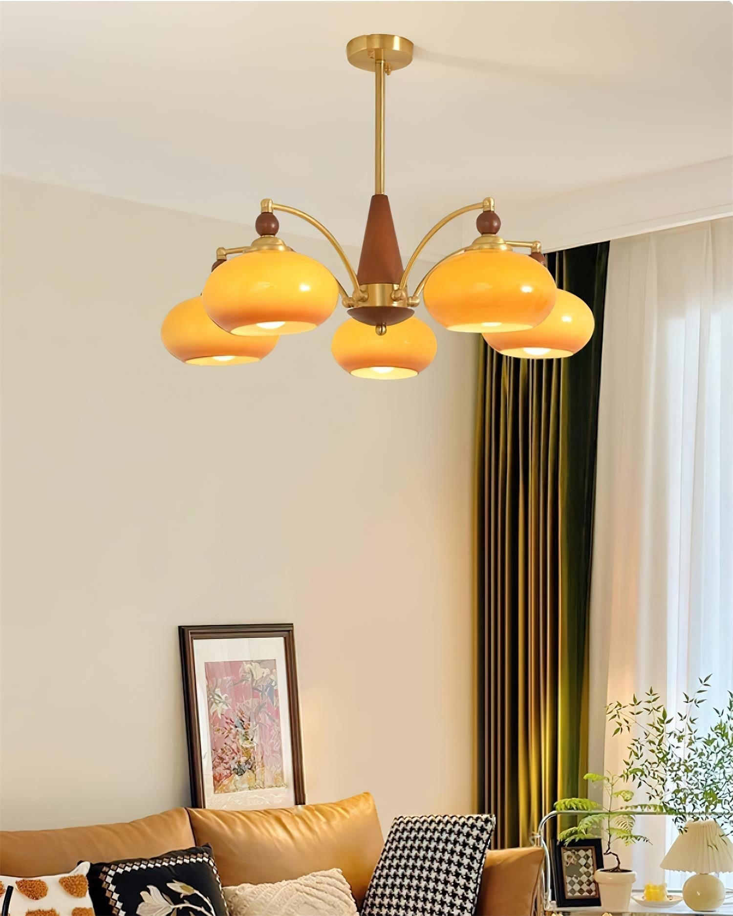 Suspension vintage dorée à globes jaunes multiples