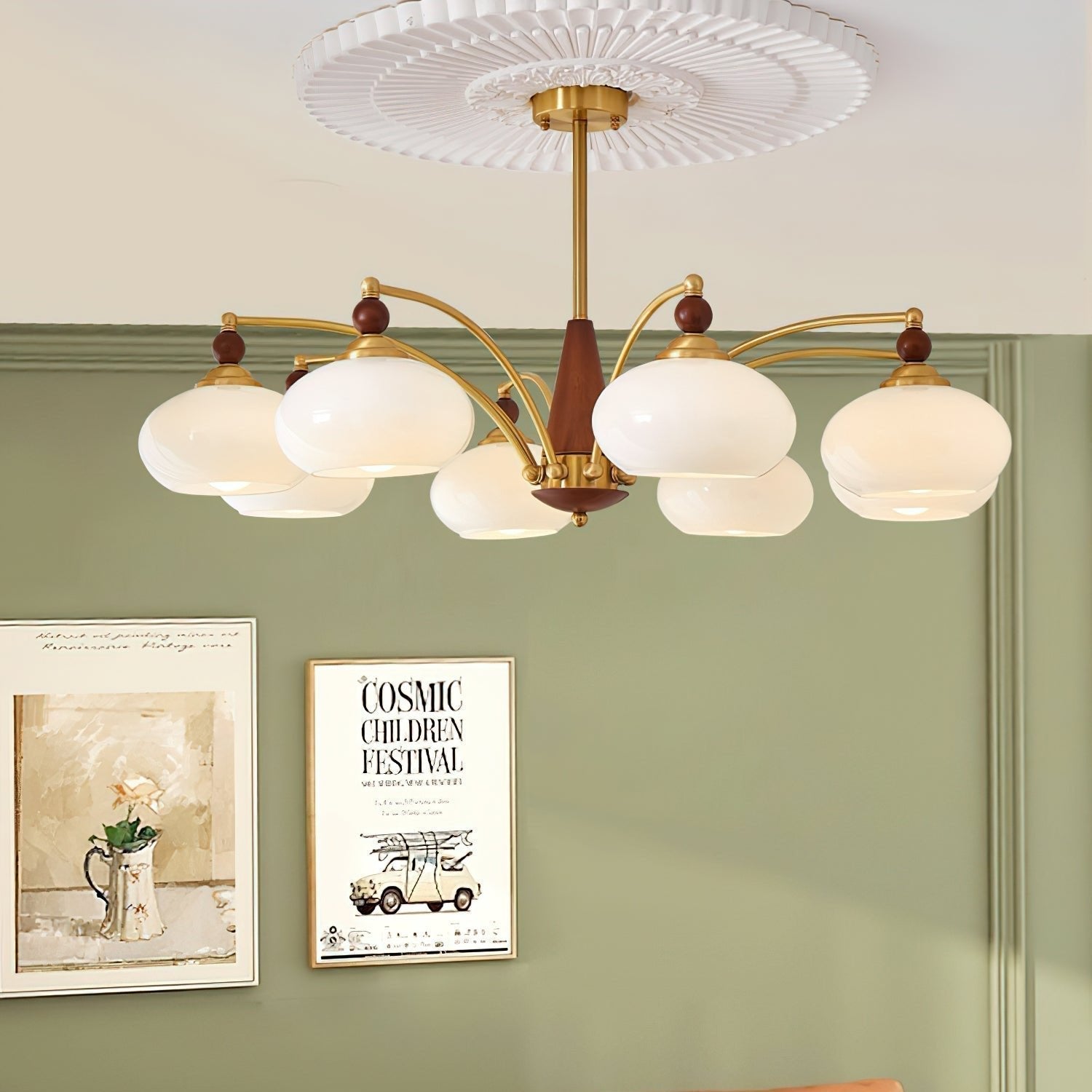 Suspension vintage dorée à globes jaunes multiples